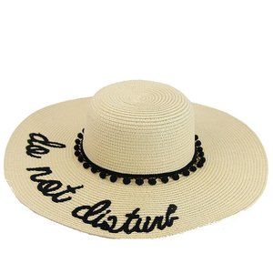 Weaved Beach Embroidered Floppy Wide Brim Sun Hat Ribbon Bow -Light Beige PomPom